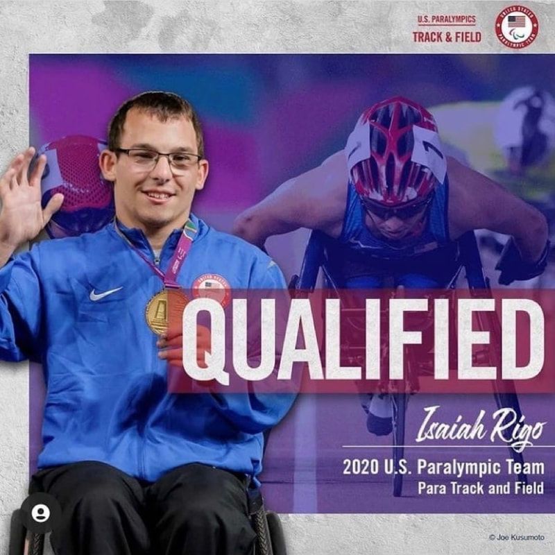 Isaiah Rigo waves in a 2020 U.S. Paralympic Team Qualified graphic