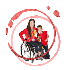 2019 auction logo, medalist in a wheelchair with a young boy