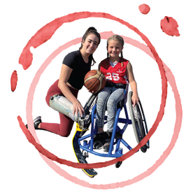 2022 auction logo, athlete with a prosthetic leg kneels by a young player