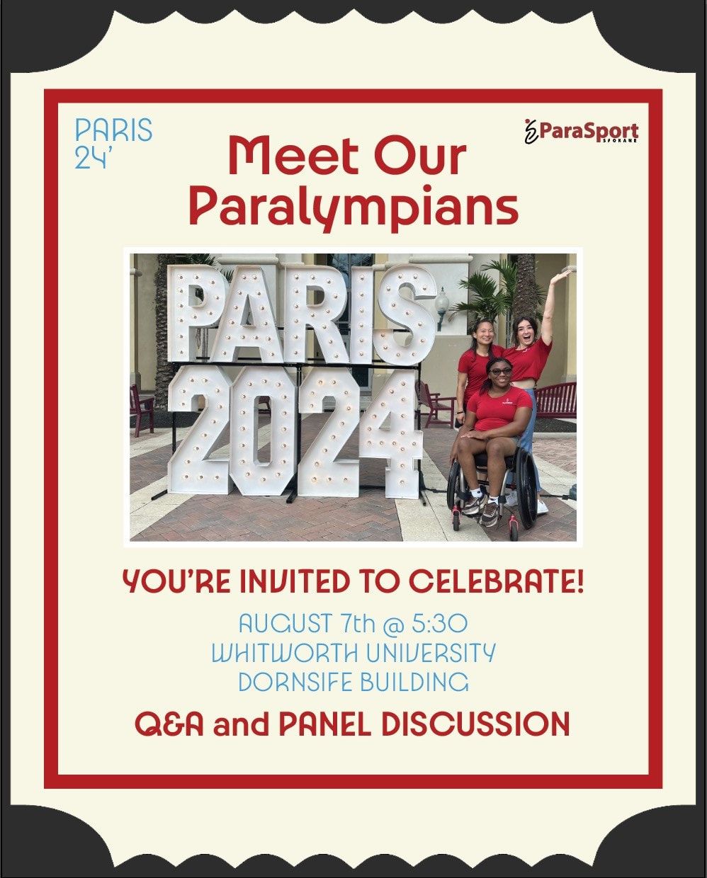 Meet Our Paralympians invitation, Aug. 7 at 5:30 at Whitworth University
