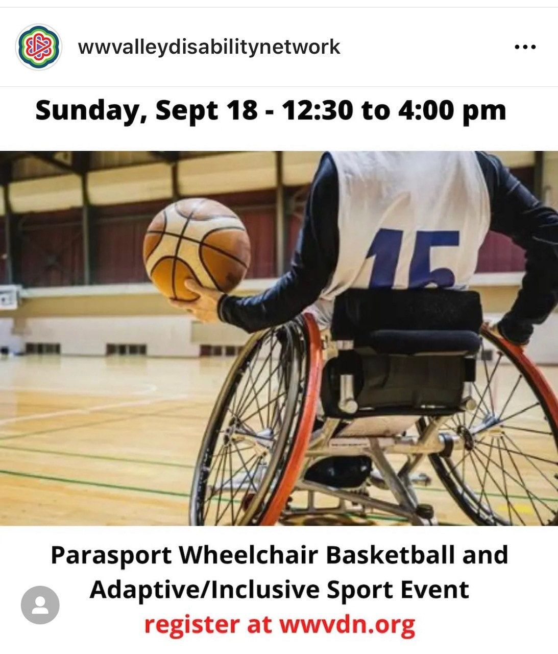 Walla Walla disability network post for a Sept 18 wheelchair basketball event