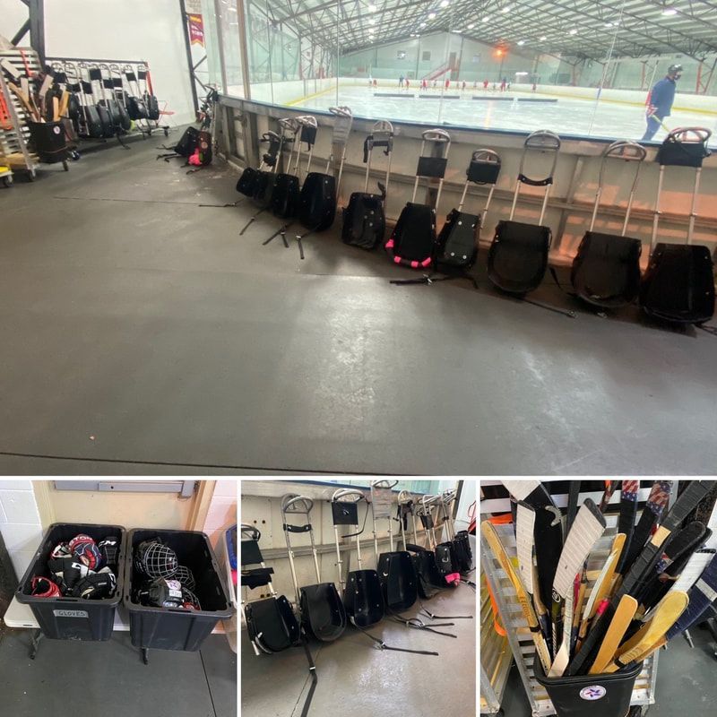 Collage of sled hockey gear: sleds along the boards, helmets and sticks
