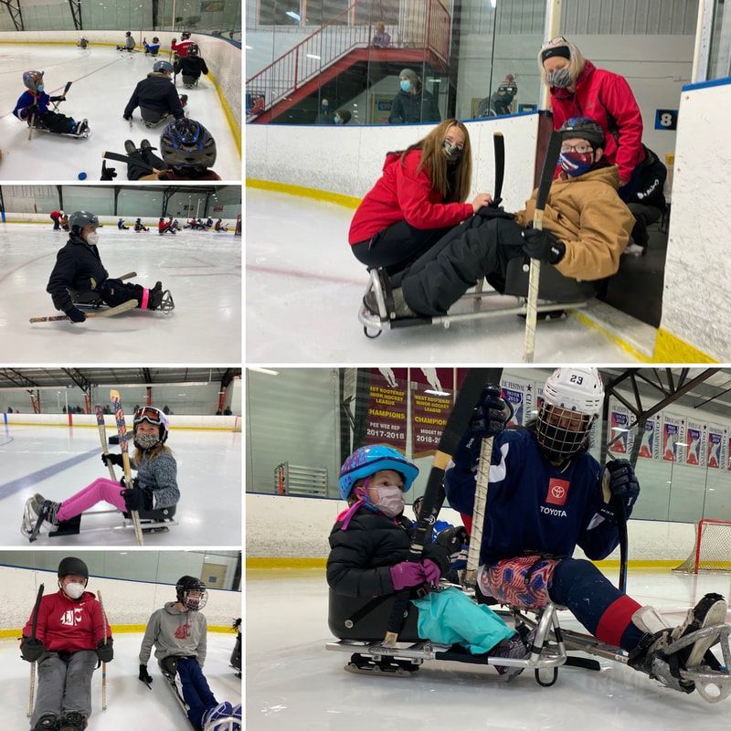 Collage of volunteers helping young sled hockey players on the ice
