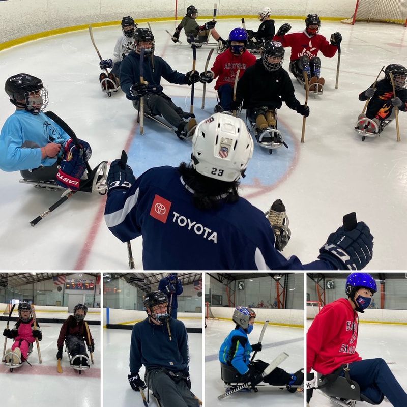 Collage of sled hockey players circled around coach #23 on the ice