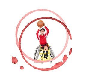 Auction art, young player in a wheelchair lifts a ball overhead