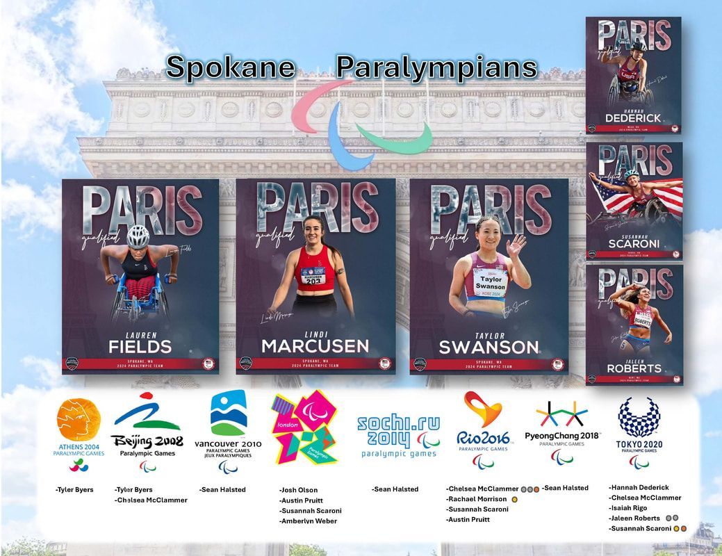 Spokane Paralympians graphic with Paris 2024 athlete posters and past Games