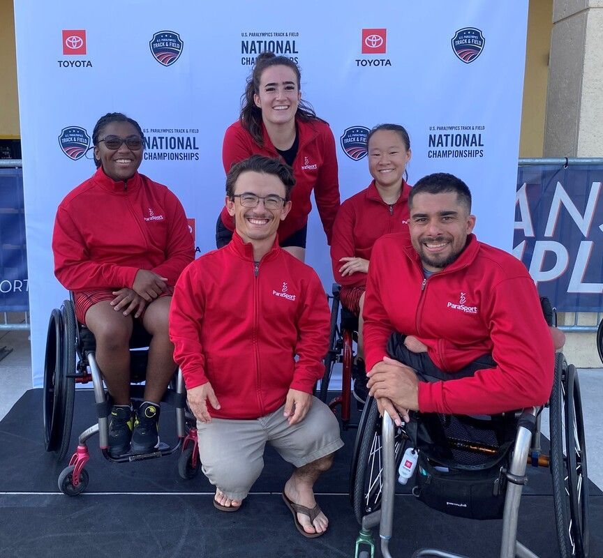 ParaSport Spokane athletes in red jackets at US Para Track and Field Nationals