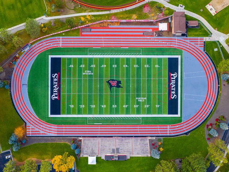 Aerial view of the Pine Bowl track and football field at Whitworth University