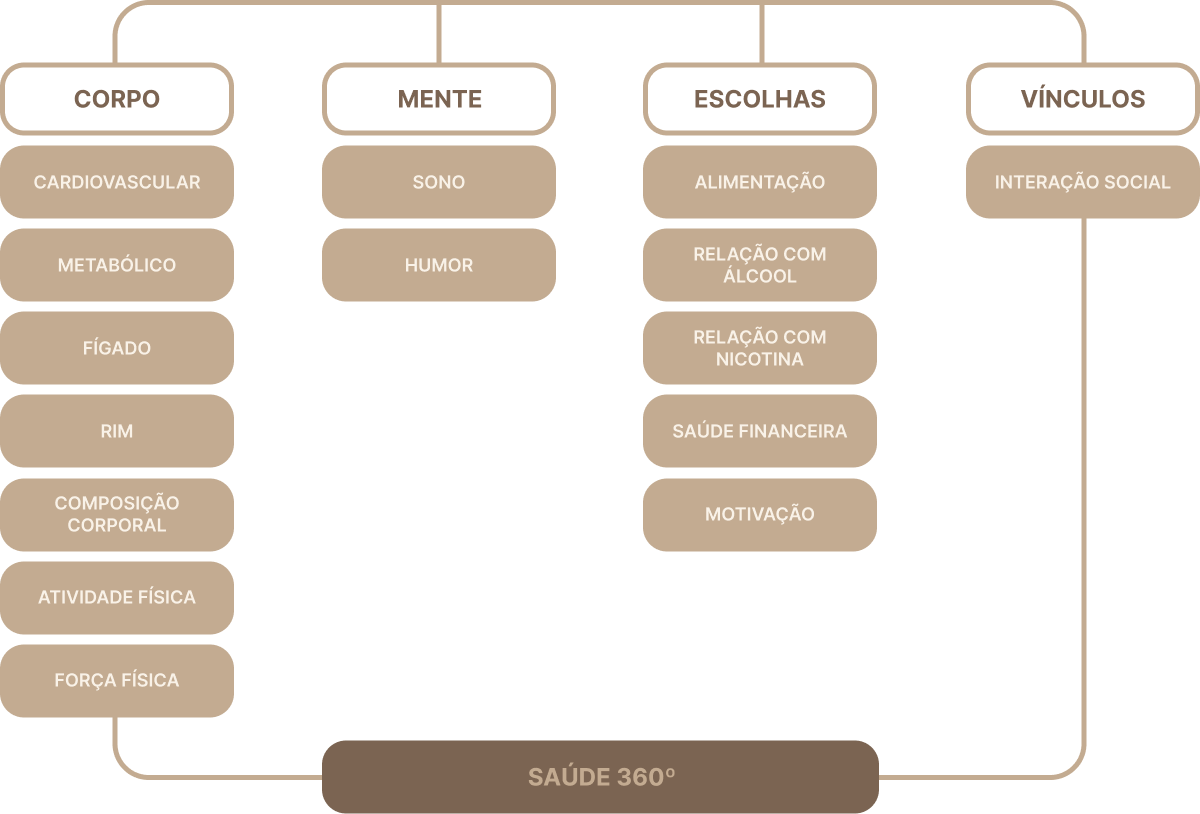 O mapa organiza a saúde em quatro dimensões: corpo, mente, escolhas e vínculos
