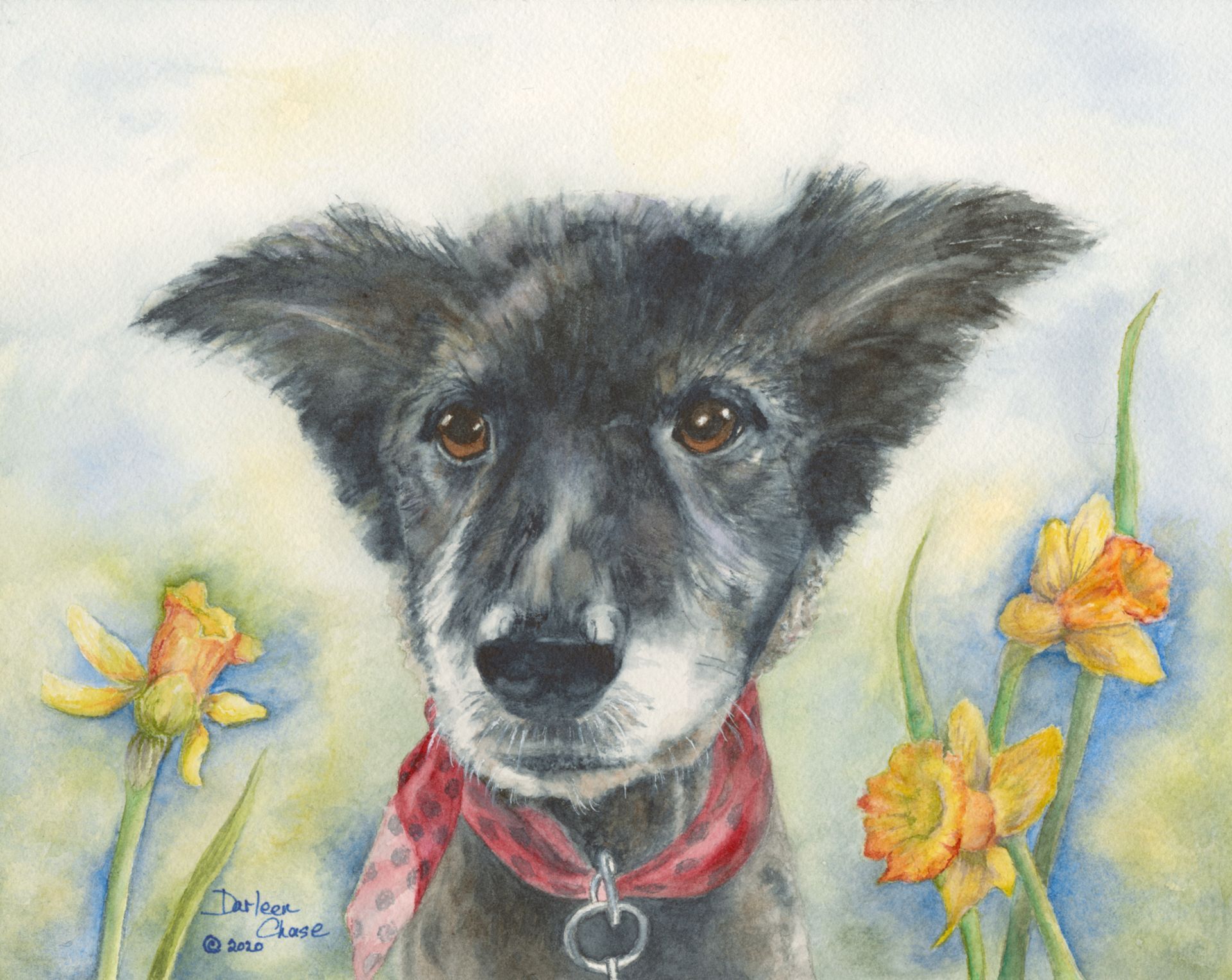 Black dog portrait with a red bandana, framed by yellow flowers on a soft pastel background