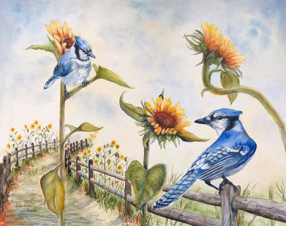 Blue jays perched on sunflowers in a fenced garden with a soft watercolor background