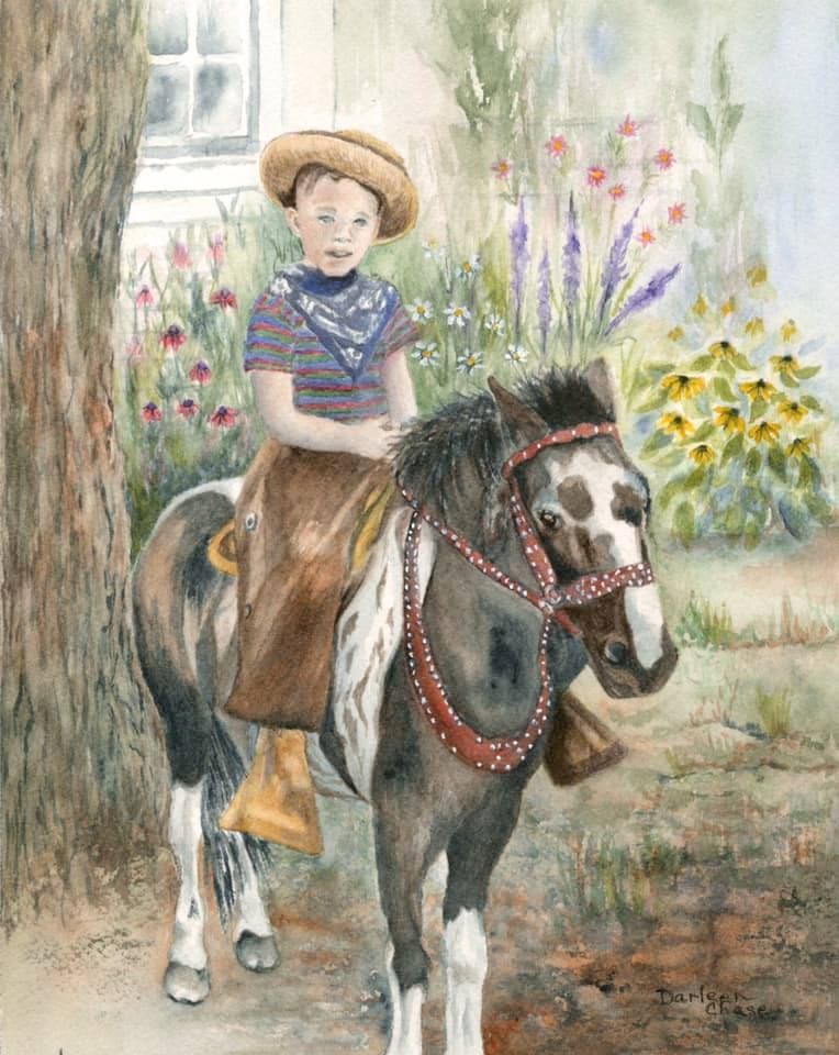 Child riding a pony in a garden, wearing a straw hat and blue shirt, with flowers and a window behind.