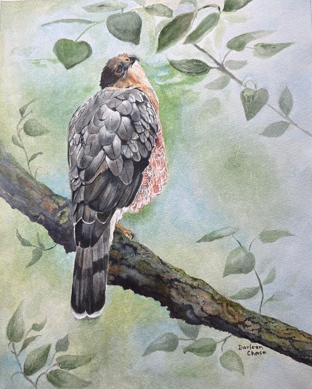 Watercolor bird perched on a branch, facing away, with soft green leaves in the background.