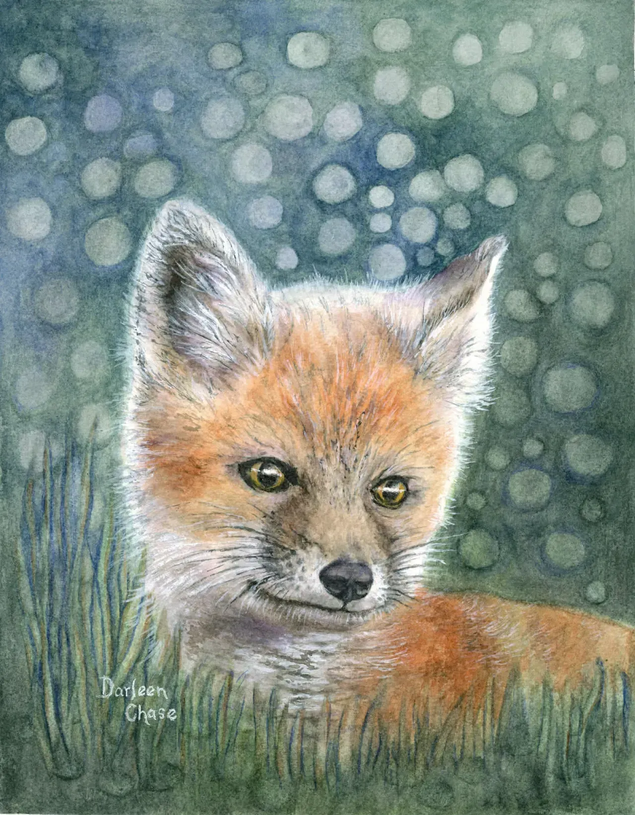 Fox in tall grass with an orange-gray coat, looking left against a softly dotted green background