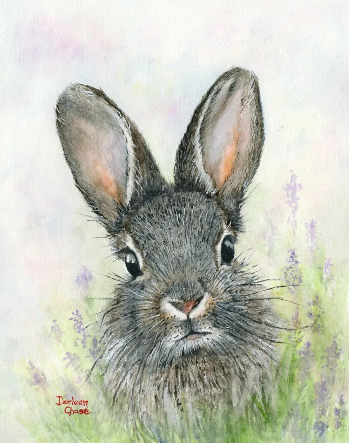 Gray rabbit portrait in soft watercolor, with upright ears and a pale floral background