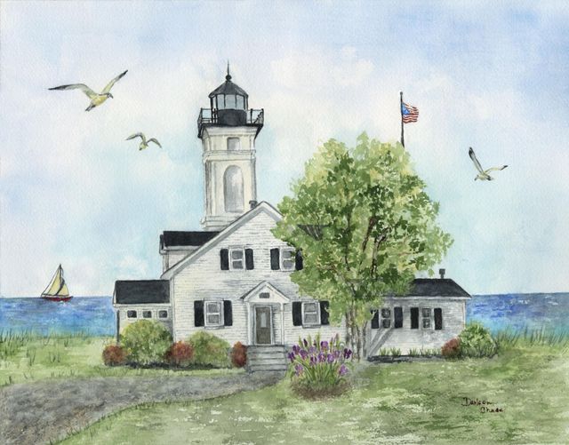Lighthouse by the sea with seagulls, sailboat, and a house in a grassy coastal setting
