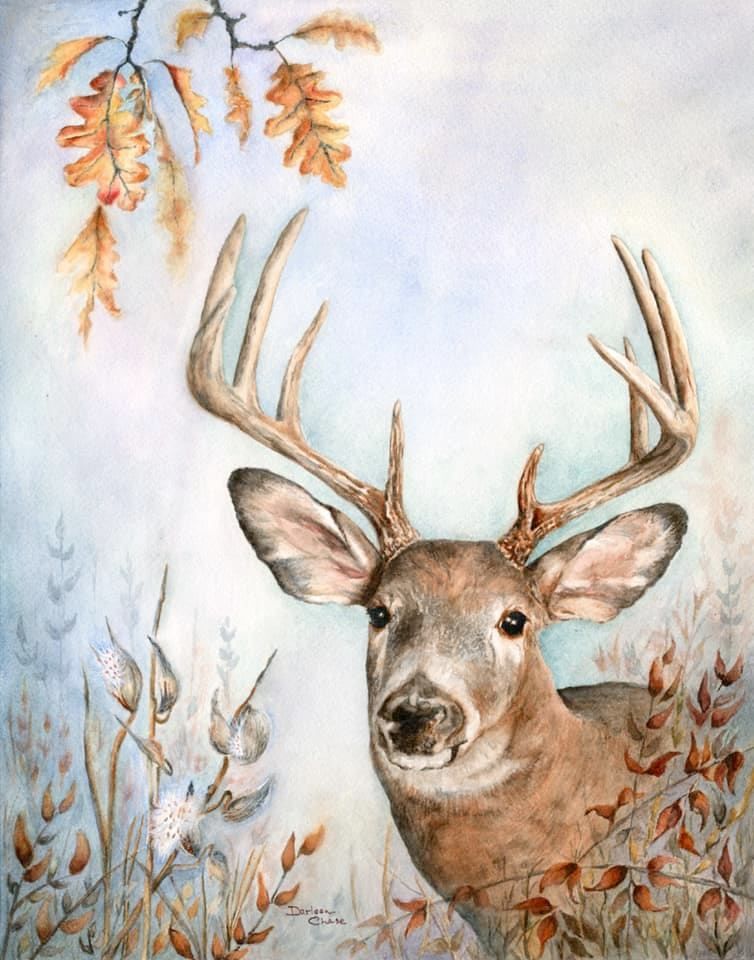 Watercolor deer with antlers amid autumn leaves on a pale background