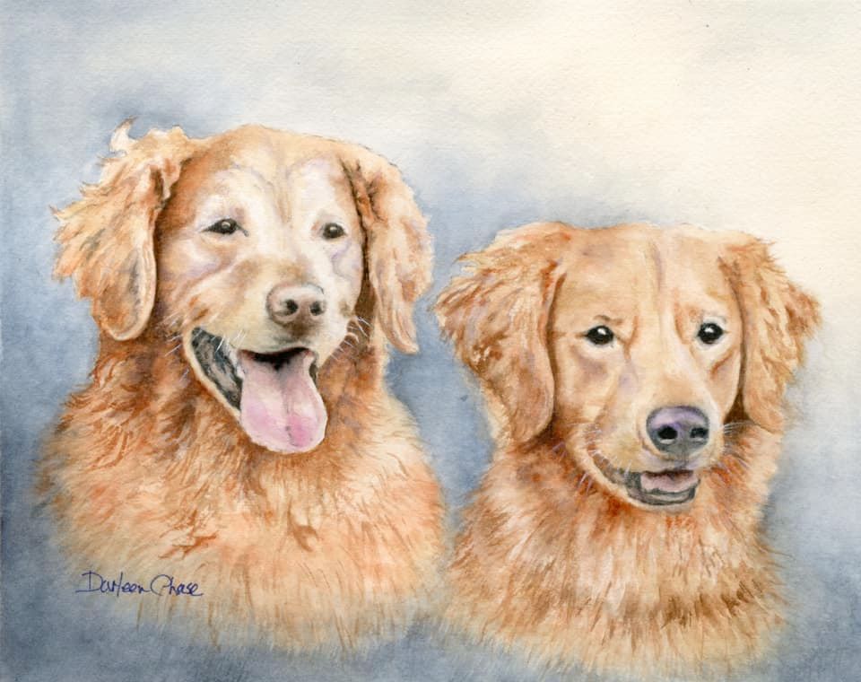 Two golden retriever portraits on a soft gray background, one smiling with tongue out.