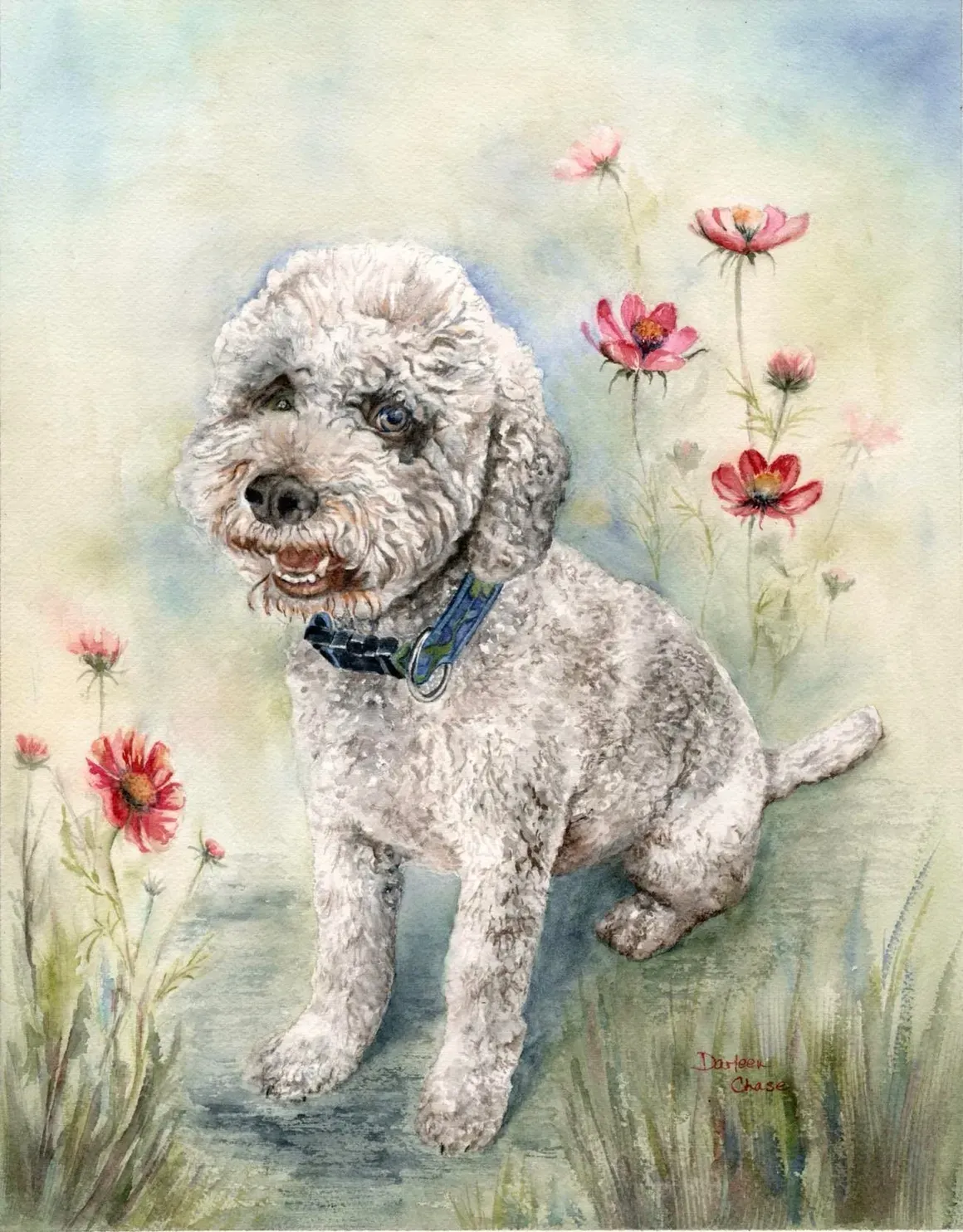 White curly dog sitting in grass among pink flowers on a soft pastel background