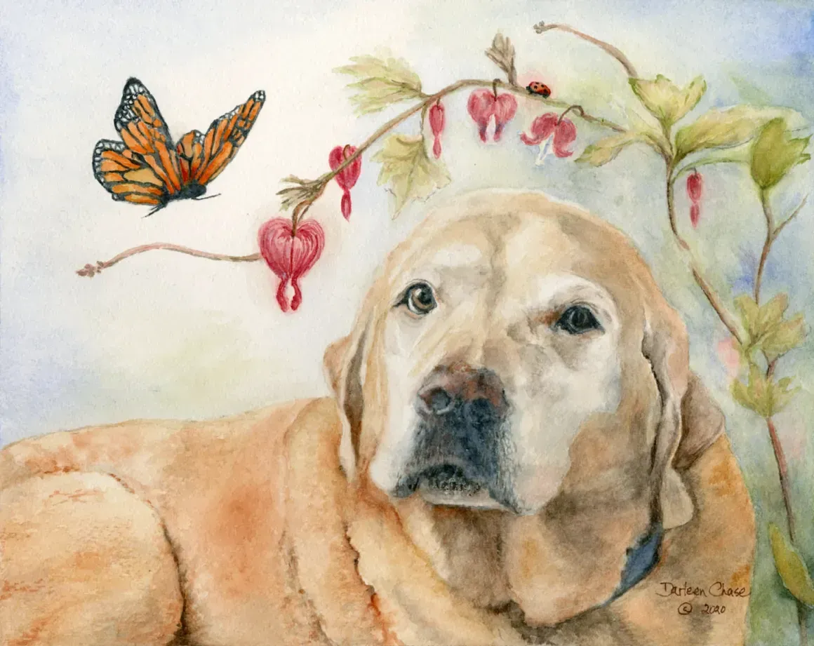 Watercolor of a golden dog with a butterfly and heart-shaped flowers on a soft white background
