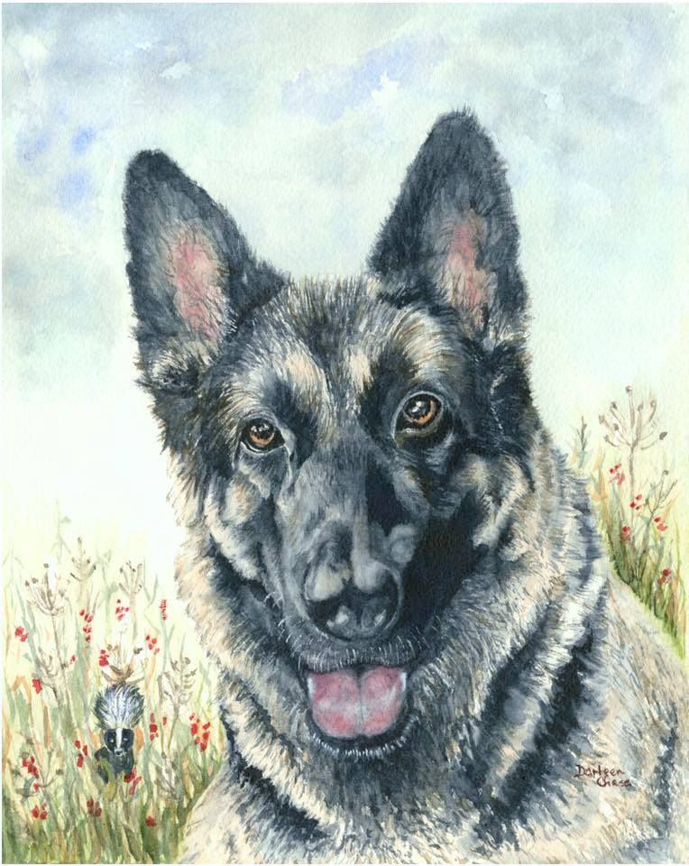 German shepherd portrait with alert ears, open mouth, and soft watercolor meadow background