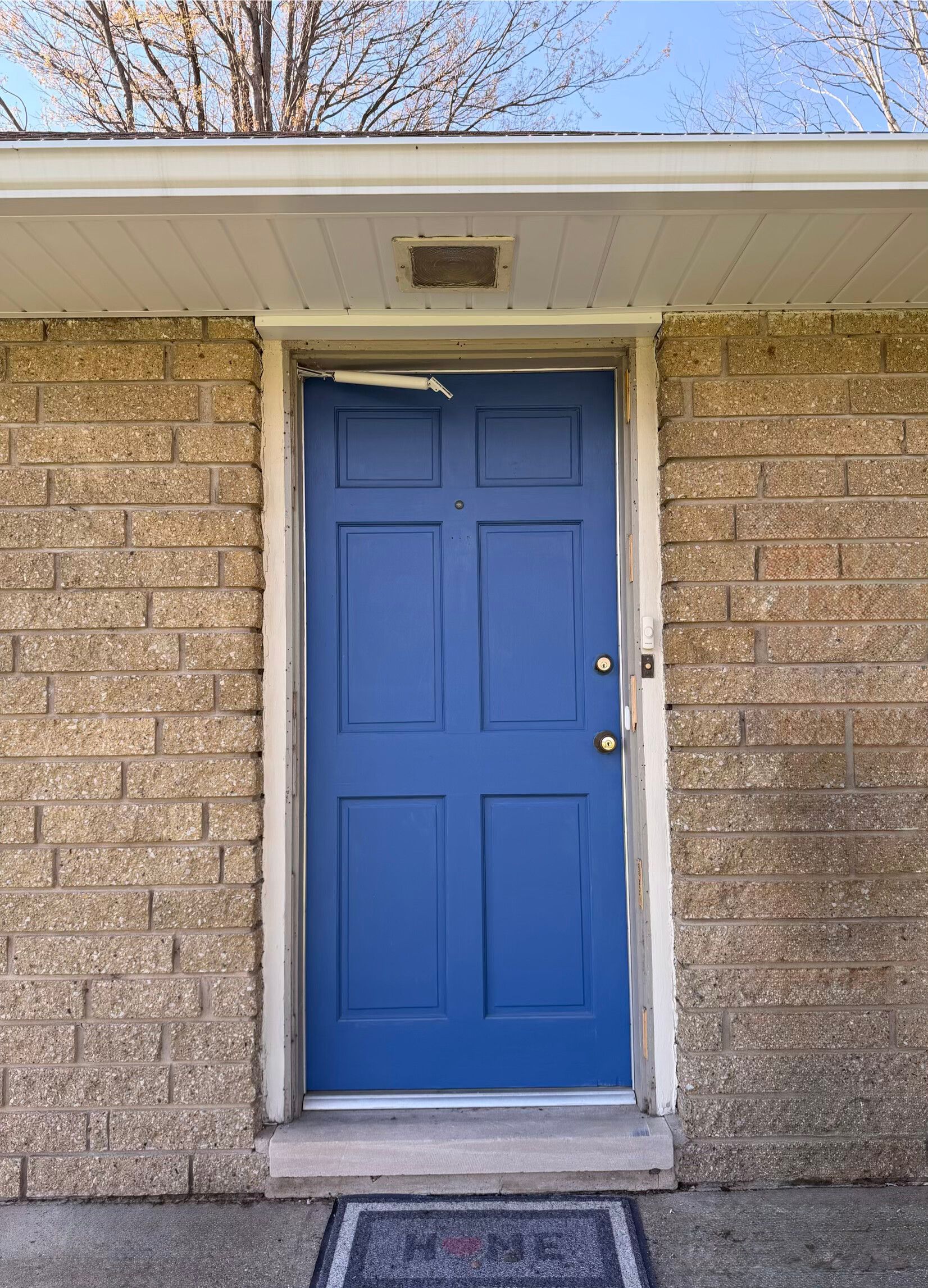 Blue front door set in a beige brick wall with white trim.