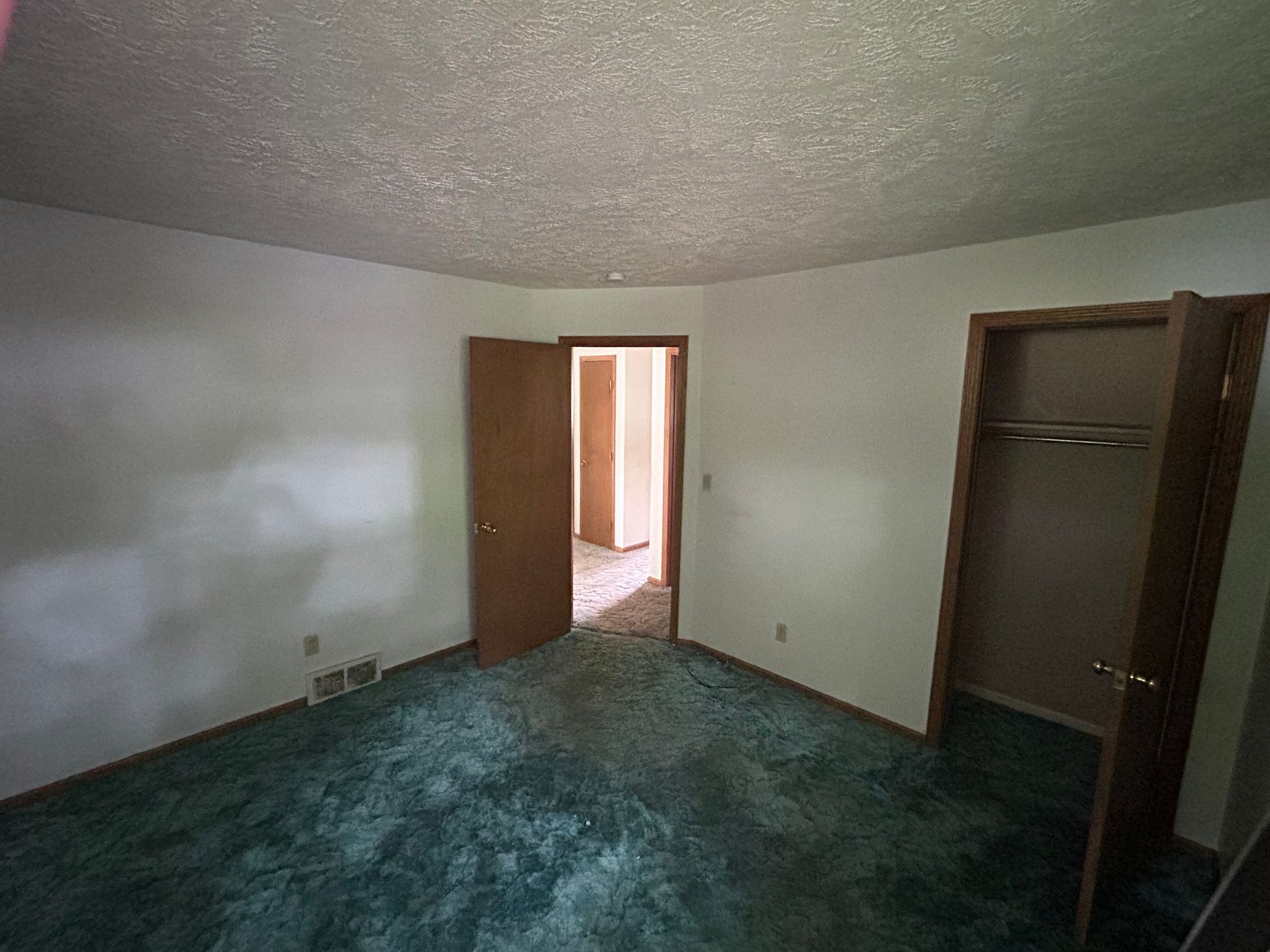 Empty room with green carpet, white walls, open door, and closet.