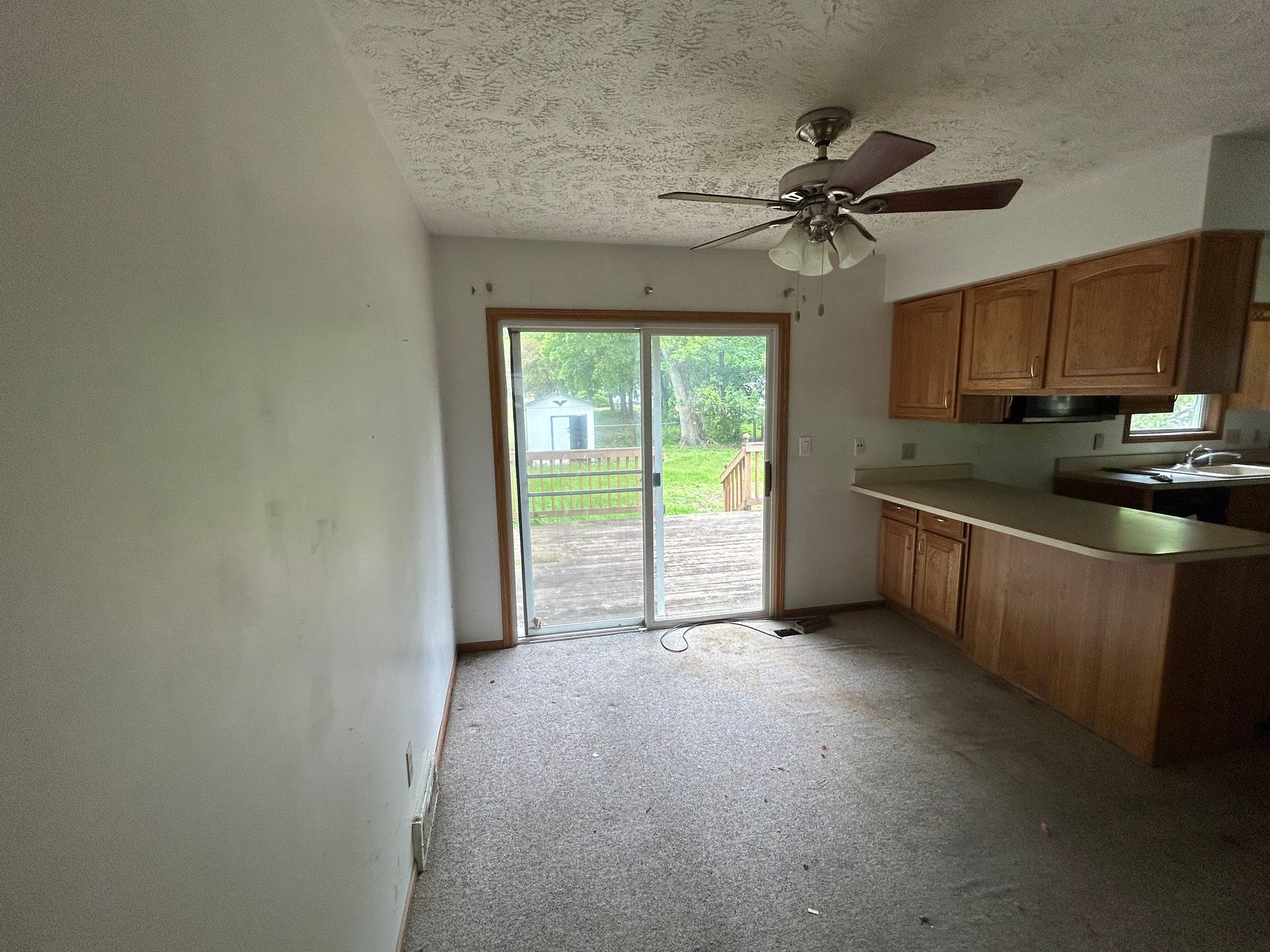 Empty carpeted living area with kitchen, ceiling fan, and sliding glass door to a backyard.