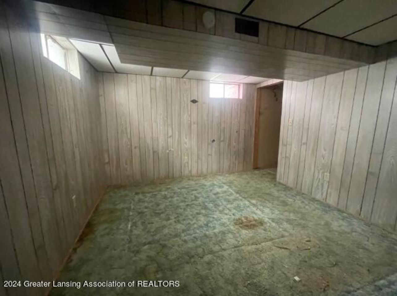 Empty basement room with wood-paneled walls, low ceiling, and worn green carpet