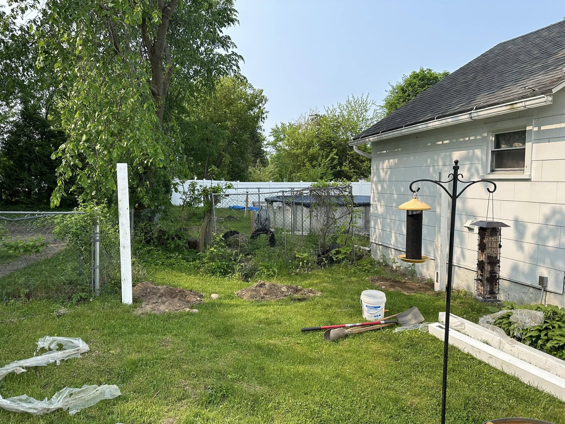 Backyard with grass, trees, and a small white house under a cloudy sky