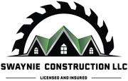 Swaynie Construction LLC logo with black saw blade, green roof shapes, and “Licensed and Insured” text