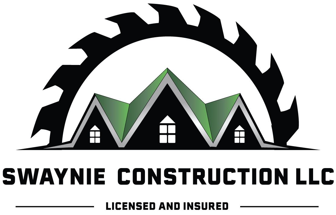 Swaynie Construction LLC logo with black saw blade, green roof shapes, and “Licensed and Insured” text