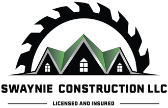Swaynie Construction LLC logo with black saw blade, green roof shapes, and “Licensed and Insured” text