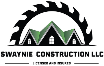 Swaynie Construction LLC logo with black saw blade, green roof shapes, and “Licensed and Insured” text