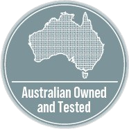 Round grey badge with Australia map and the words “Australian Owned and Tested”
