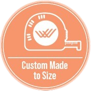 Orange circular label with a tape measure icon and the text “Custom Made to Size.”