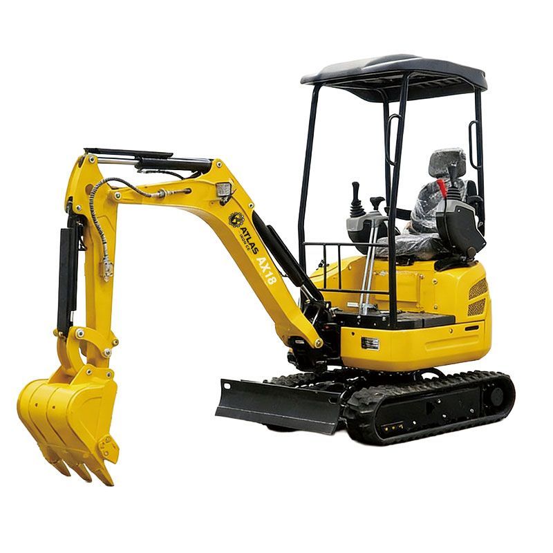 Yellow mini-excavator with black tracks and canopy; bucket lowered, ready to dig.