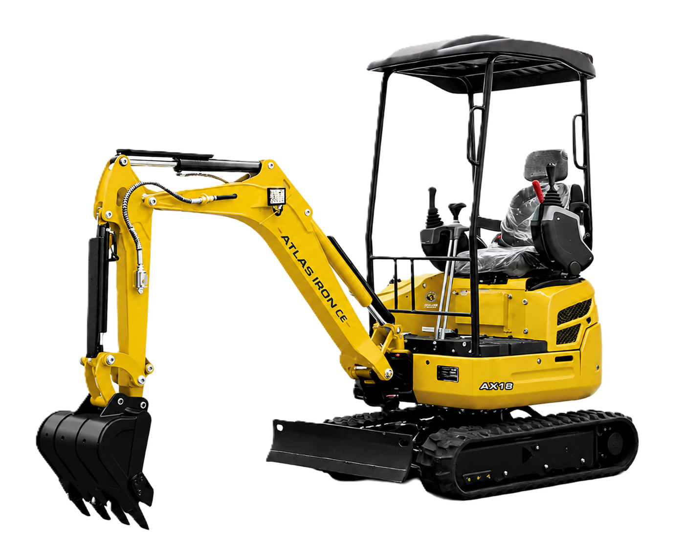 Yellow mini-excavator with black tracks and canopy; bucket lowered, ready to dig.