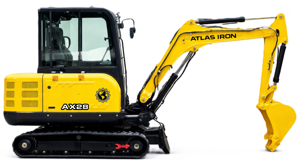 Yellow mini-excavator with black tracks and canopy; bucket lowered, ready to dig.