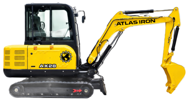 Yellow mini-excavator with black tracks and canopy; bucket lowered, ready to dig.