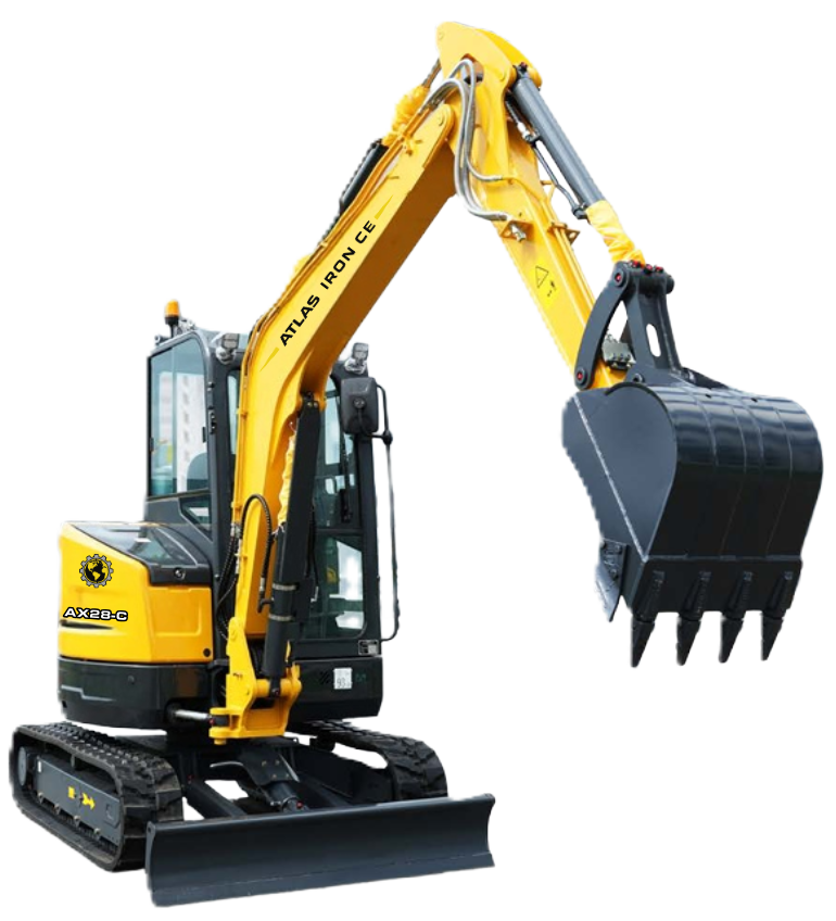 Yellow mini-excavator with black tracks and canopy; bucket lowered, ready to dig.