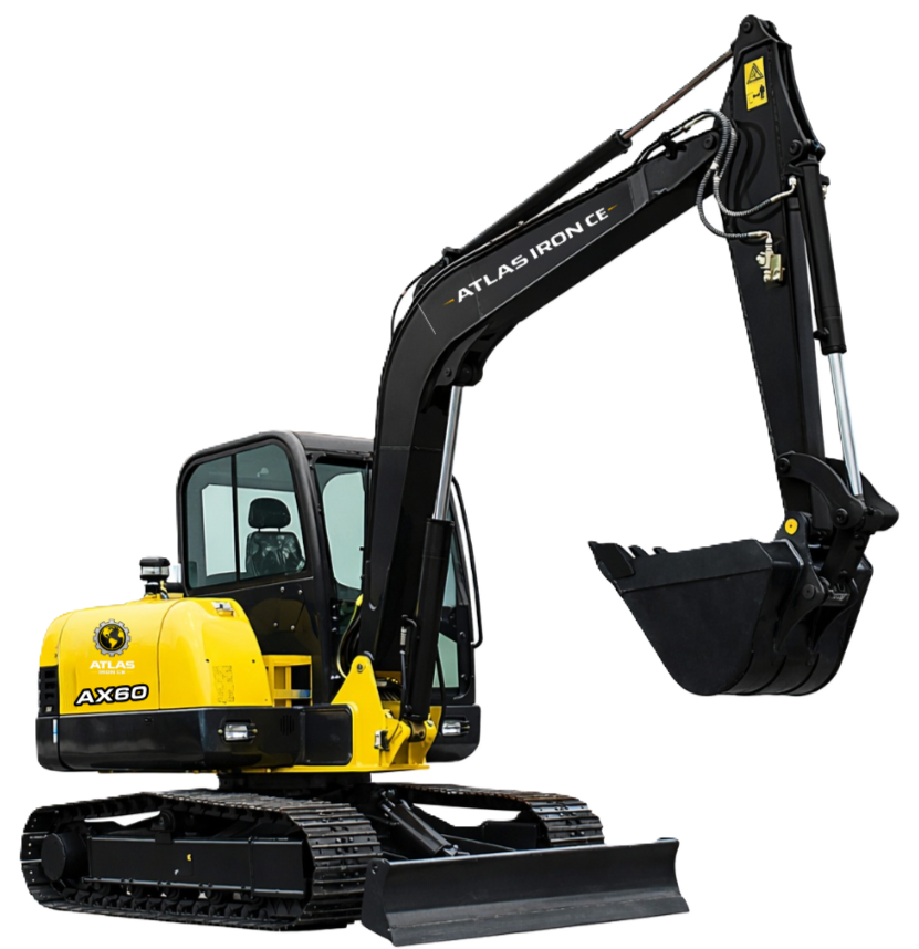 Yellow mini-excavator with black tracks and canopy; bucket lowered, ready to dig.