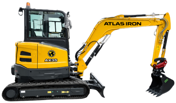 Yellow mini-excavator with black tracks and canopy; bucket lowered, ready to dig.