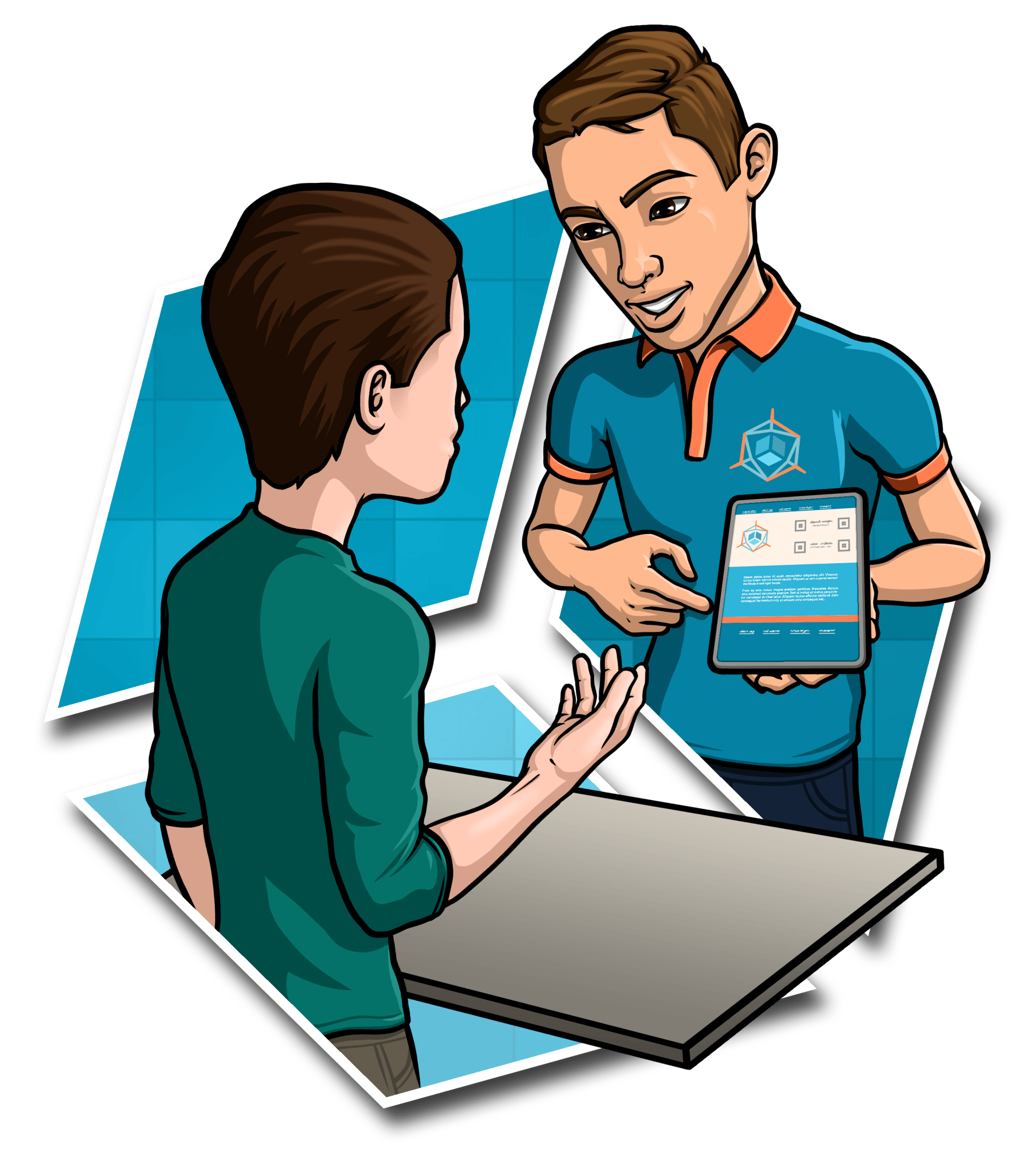 A man in a blue shirt is holding a tablet and talking to another man.