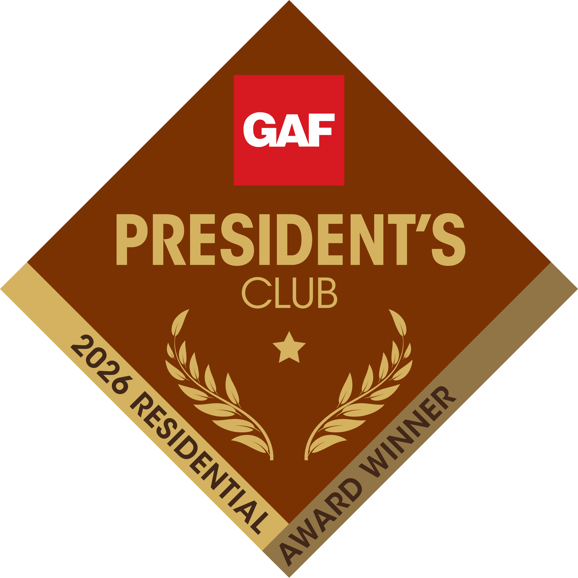 GAF President’s Club award emblem in brown, gold, and red, labeled “2023 Residential Award Winner” GAF President’s Club award emblem in brown, gold, and red, labeled “2023 Residential Award Winner”