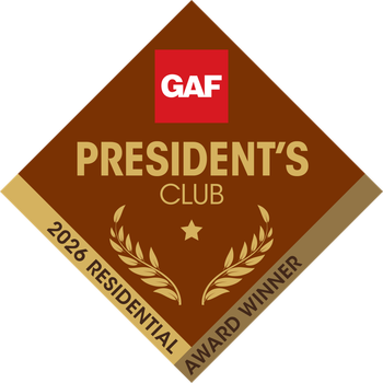 GAF President’s Club award emblem in brown, gold, and red, labeled “2023 Residential Award Winner”