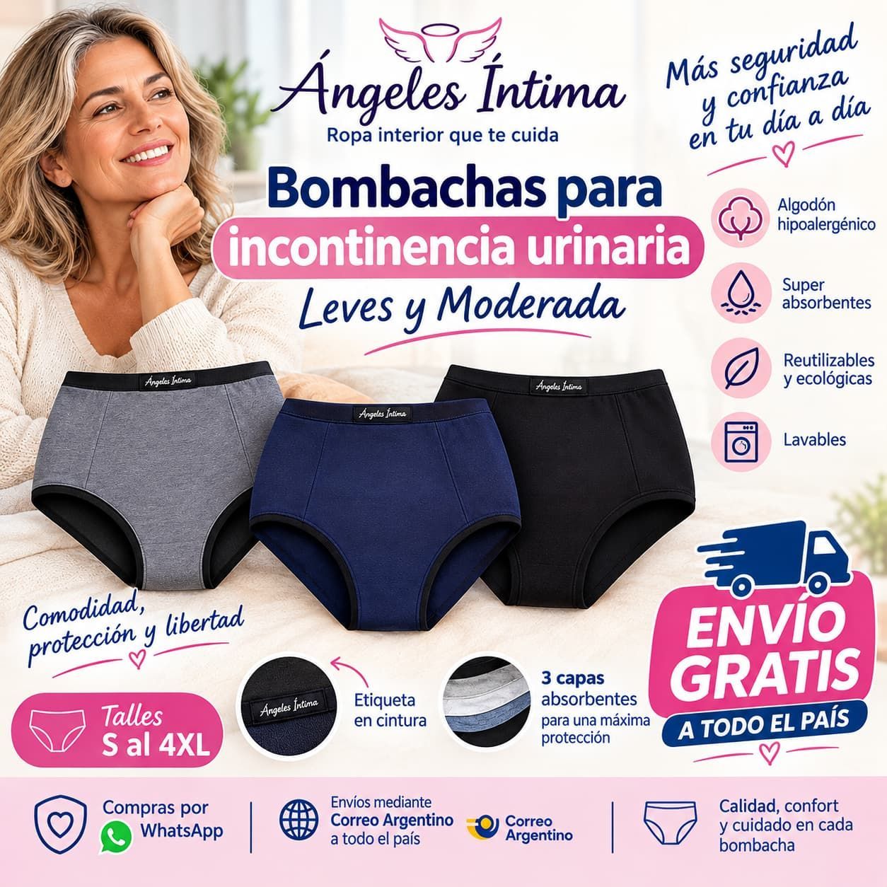 PACK x3 Bombacha para Incontinencias Leves y Moderadas.