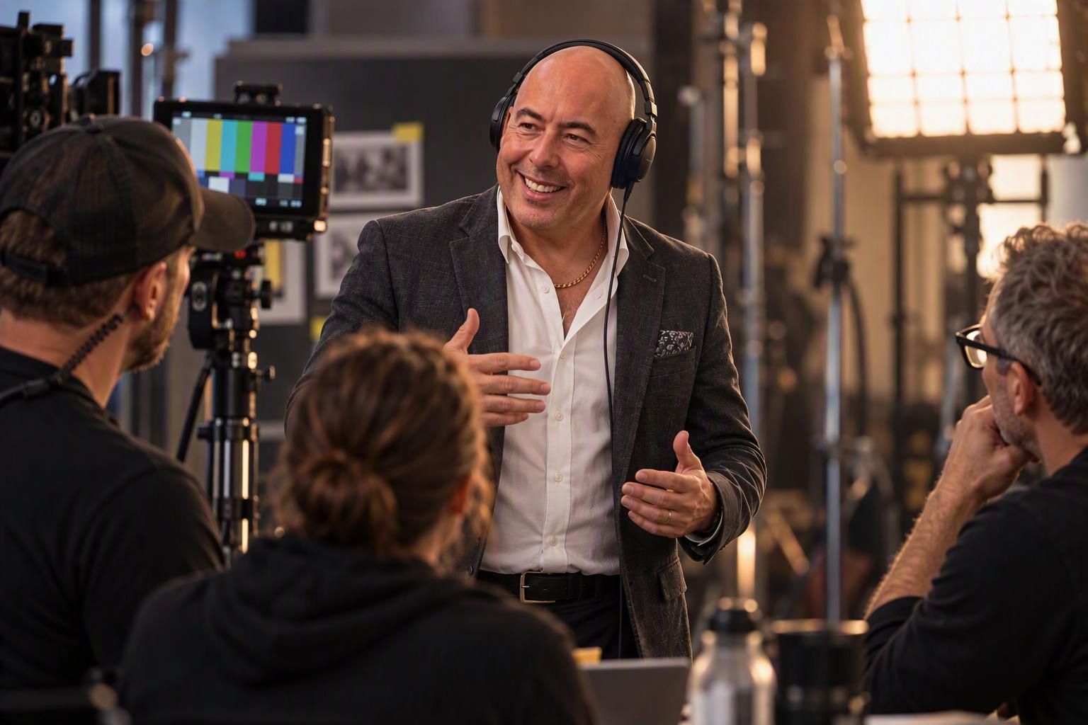 Man speaking to a small group in a studio, smiling and gesturing while others listen nearby.
