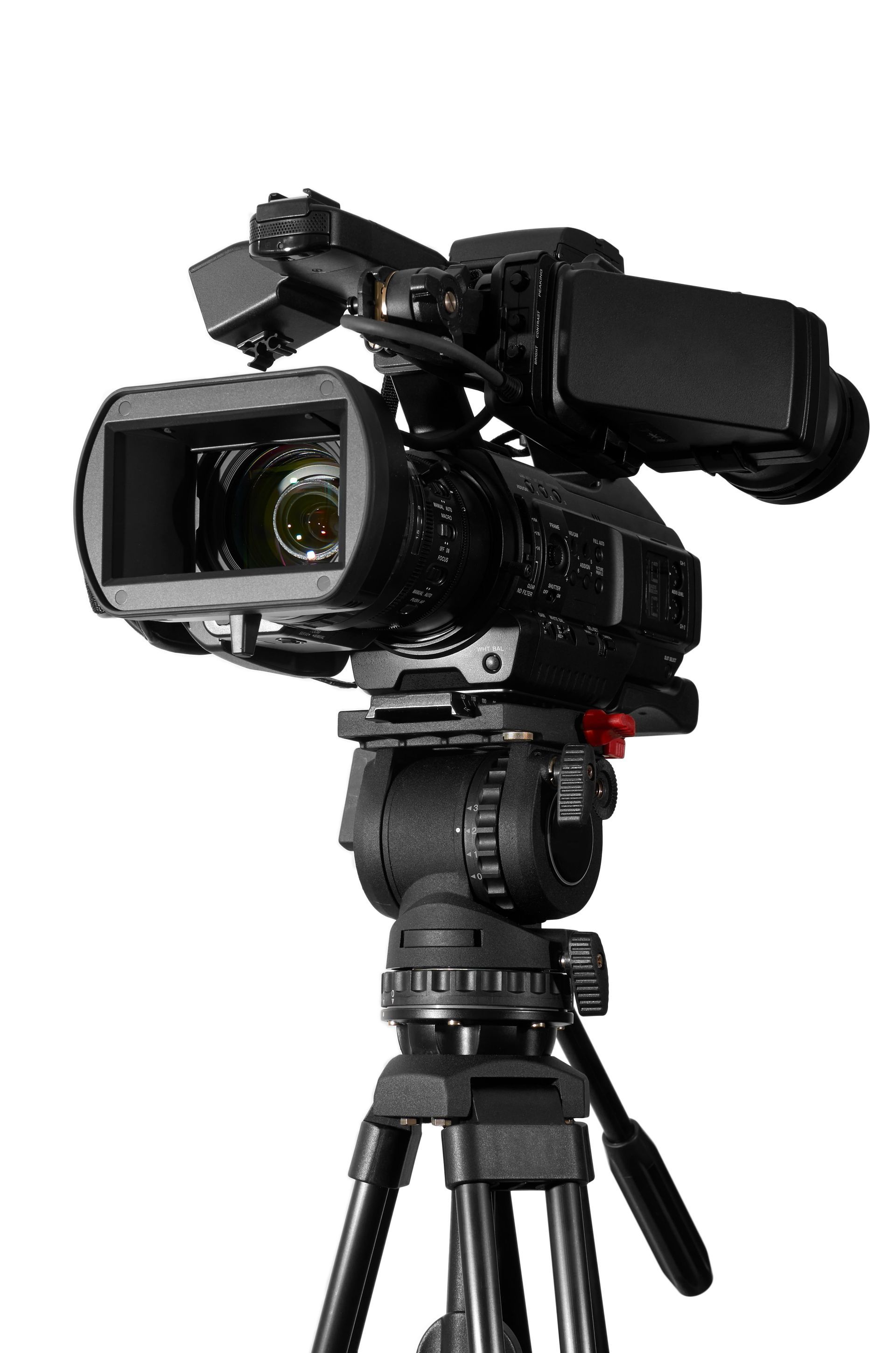Professional video camera on a tripod against a white background