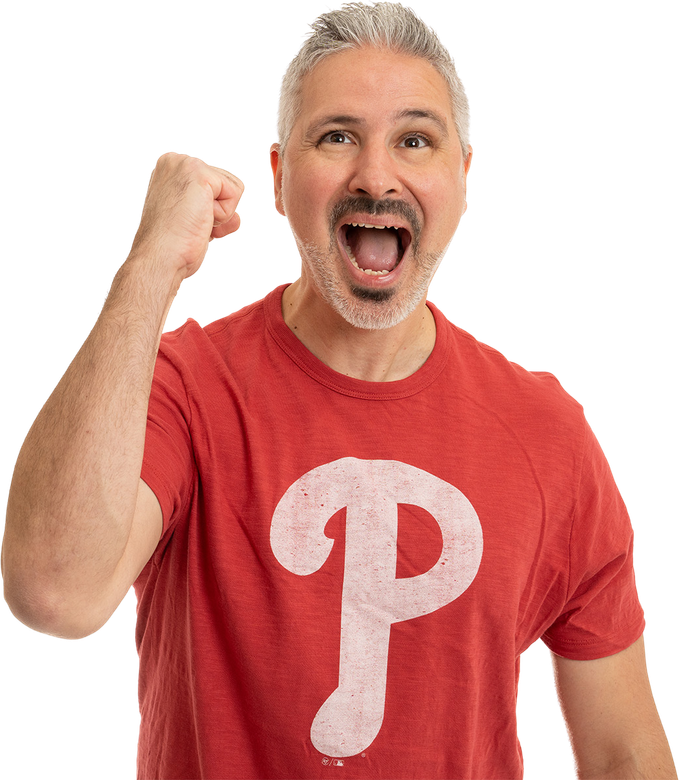 A man wearing a red shirt with the letter p on it